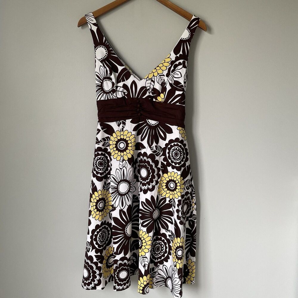 B. Smart y2k 2000's Floral Print Midi Dress Brown Yellow Cotton Blend Size 12